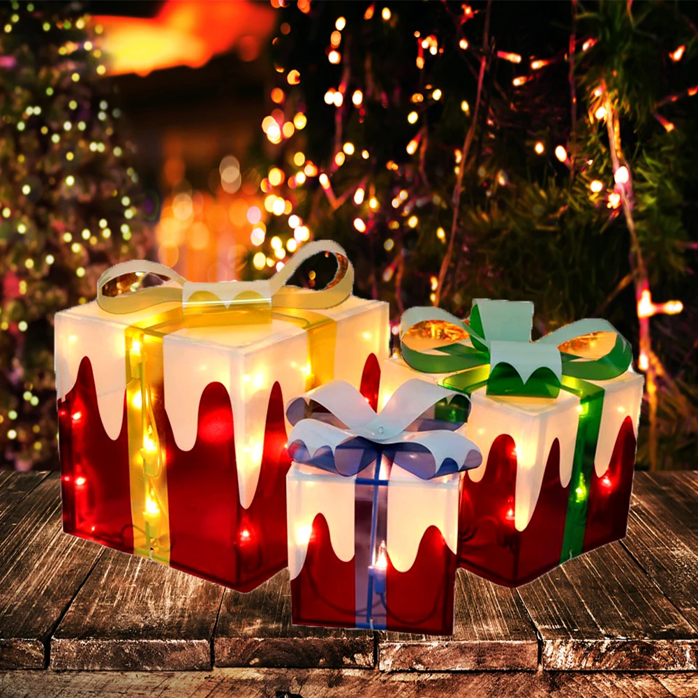 3pcs Christmas red and white LED luminous gift boxes, Lighting up the Christmas gift box,PVC warm glow luminous decoration