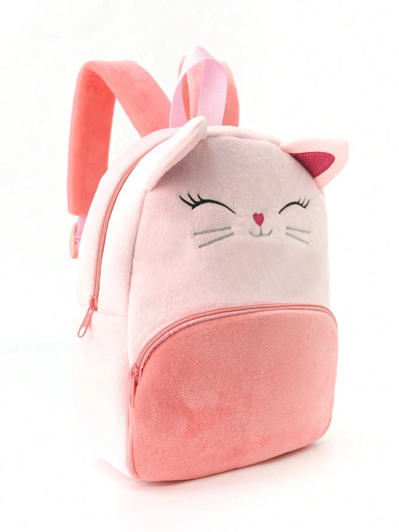 Sac à dos en peluche rose pour enfants, chaton brodé, dessin animé mignon, grande capacité, filles et enfants, classique, 1 pièce