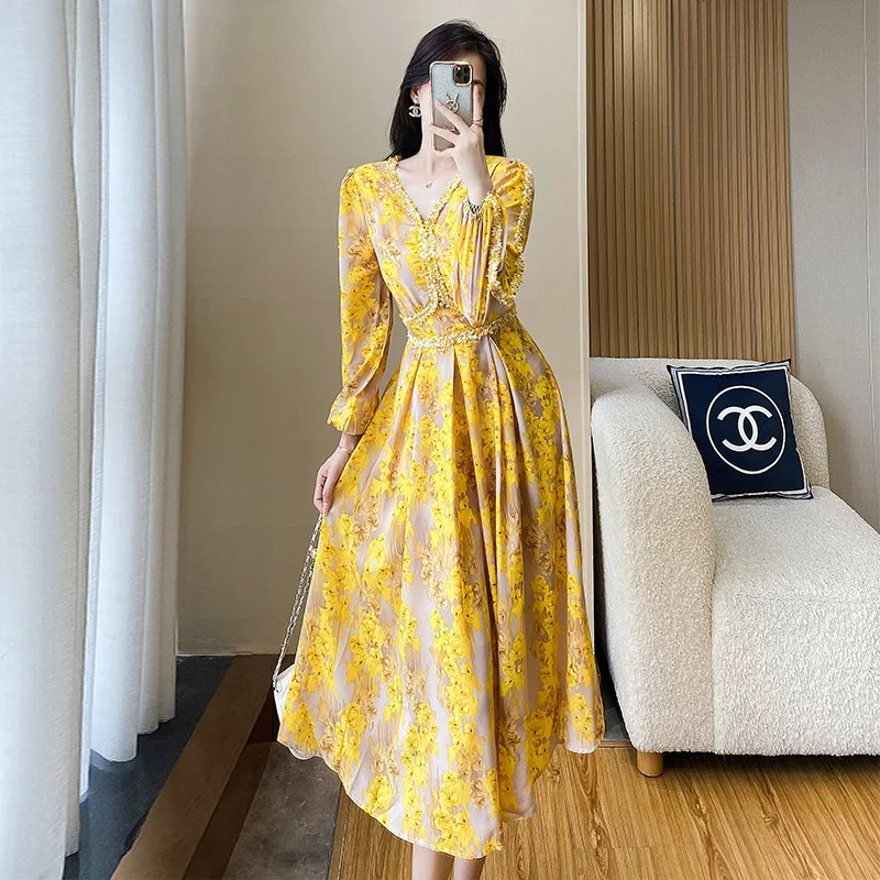 French floral new long sleeve 2024 spring yellow shirt skirt waist slimming A-line chiffon dress