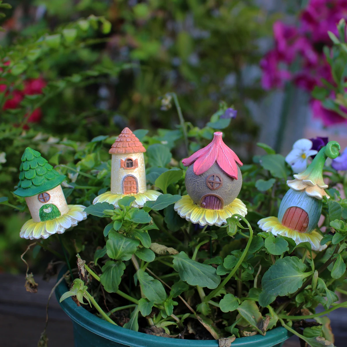 4PCS Flower Base Fairy House Garden Stake Set, Miniature Fairy Garden Decor for Outdoor Patio Bonsai Yard Home Gift
