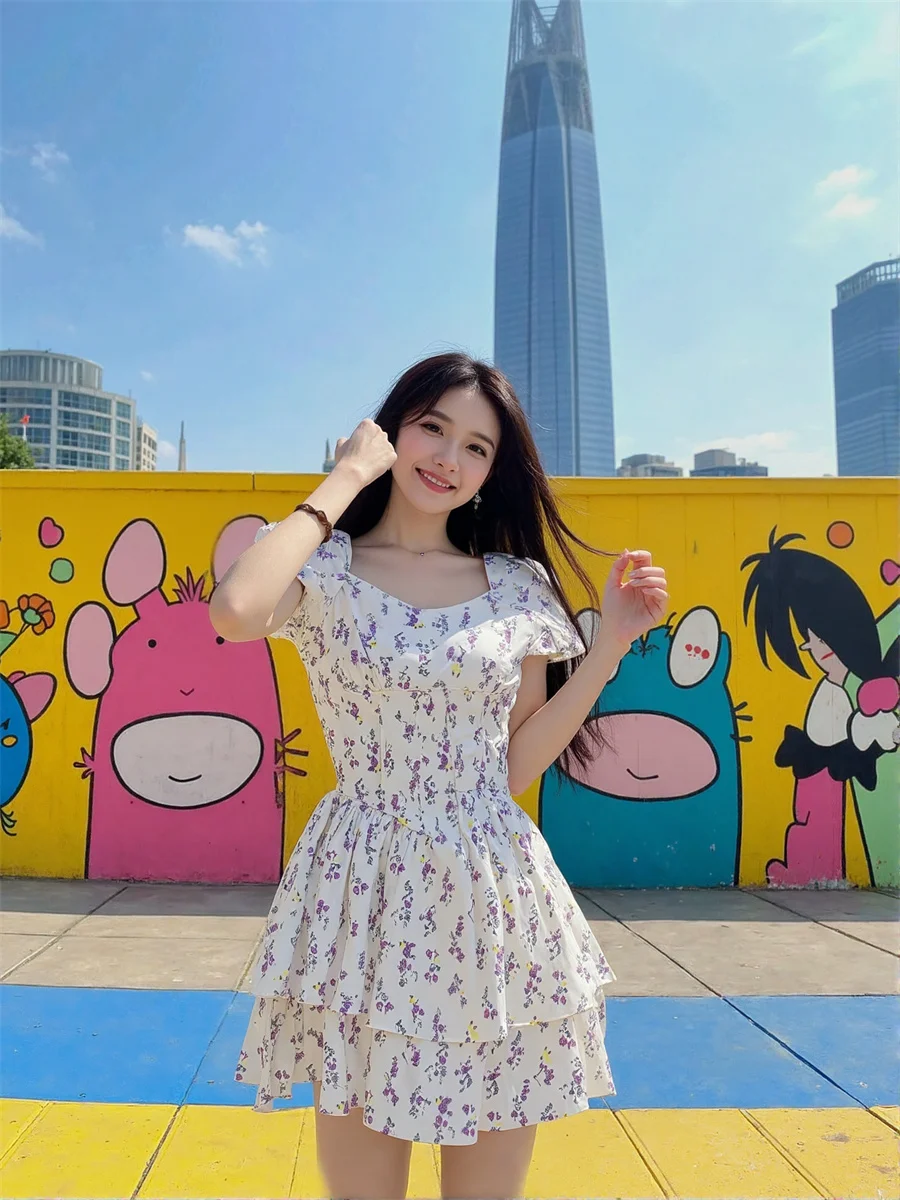 Vestidos brancos femininos para mulheres acima do joelho mini babado em camadas babados chiffon doce elegante feminino princesa sonhador