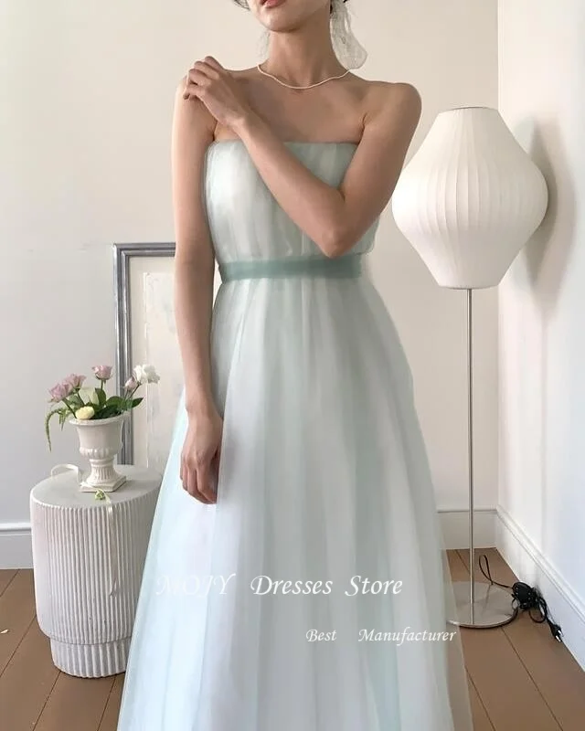 Mojy sans bretelles fée vert châle plissé corée robes de bal Tulle personnalisé a-ligne robes de soirée mariage séance Photo longueur de plancher