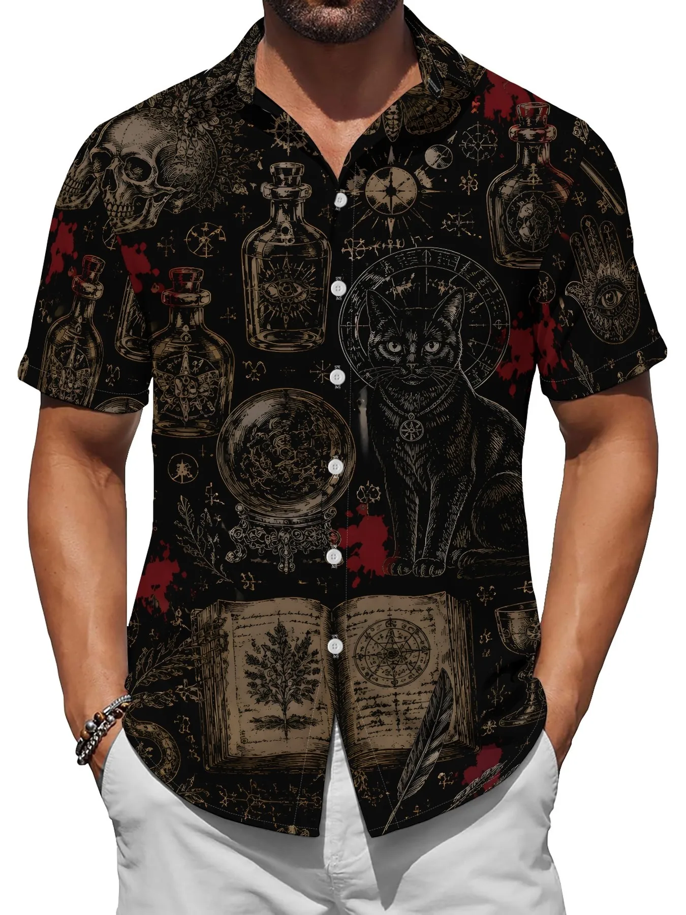 Dark Witchcraft Cat Bottle Ancient Book Pattern Unisex Short Sleeve Blouse Camp Collar Loose Spooky Novelty Vacation Shirt