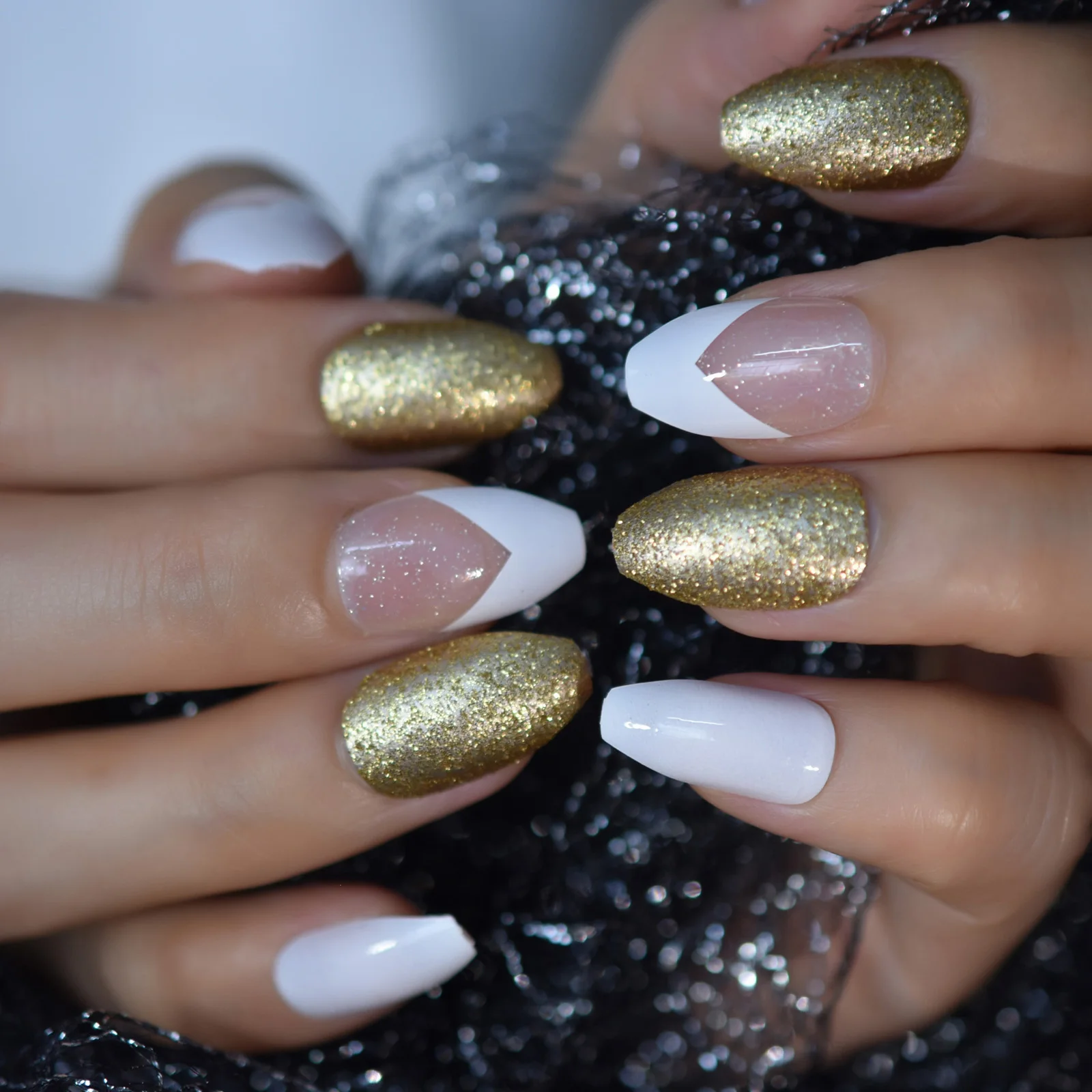 Branco francês bailarina caixão unhas falsas ouro glitter esculpido claro manicure imprensa em unhas falsas dicas diário escritório dedo wear