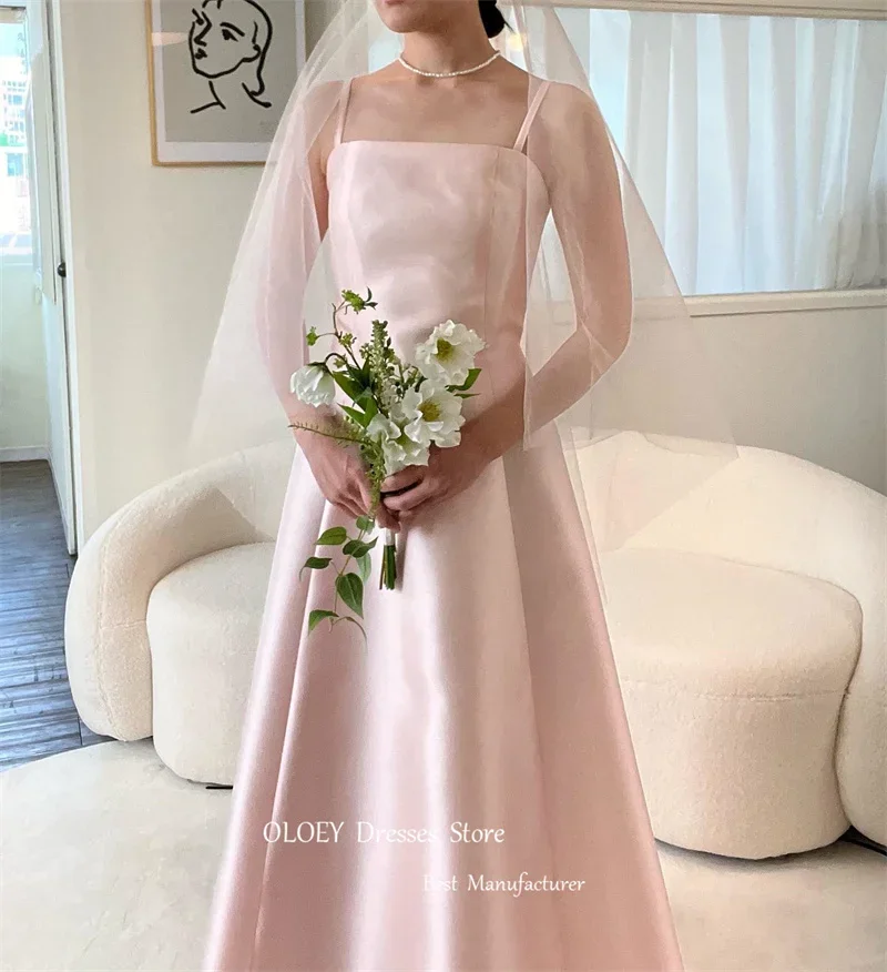 OLOEY Simple A Line Pink Korea Wedding Dresses With Bolero Spaghetti Straps Corset Back Satin Customized Formal Evening Gowns