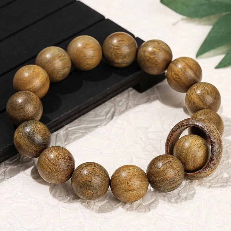 JD 15mm Natural Green Sandalwood Round Bead Bracelets With Ring Vintage Buddha Mala Meditation Prayer Bangles Wooden Jewelry