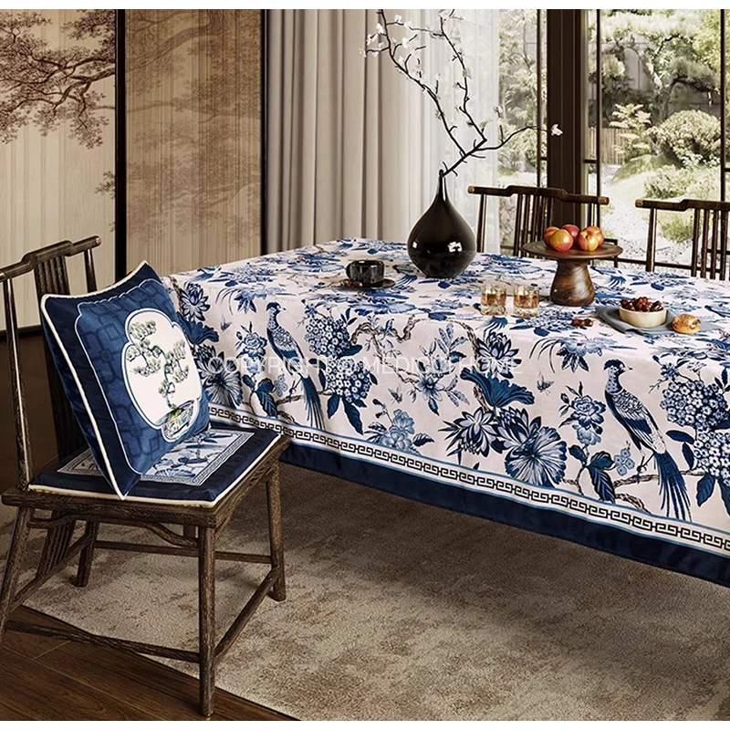 Medicci Home Oriental Ceramic Floral Bird Luxurious Tablecloth French Retro Indigo Table Cloth Overlay For Dining Room Kitchen