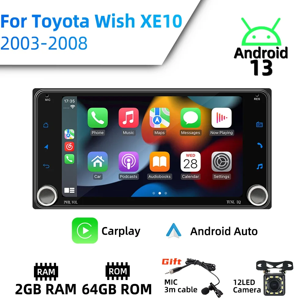 

2 Din Android Radio 7" Stereo Wireless Carplay Autoradio Car Multimedia for Toyota Wish XE10 2003-2008 Head Unit GPS Navigation