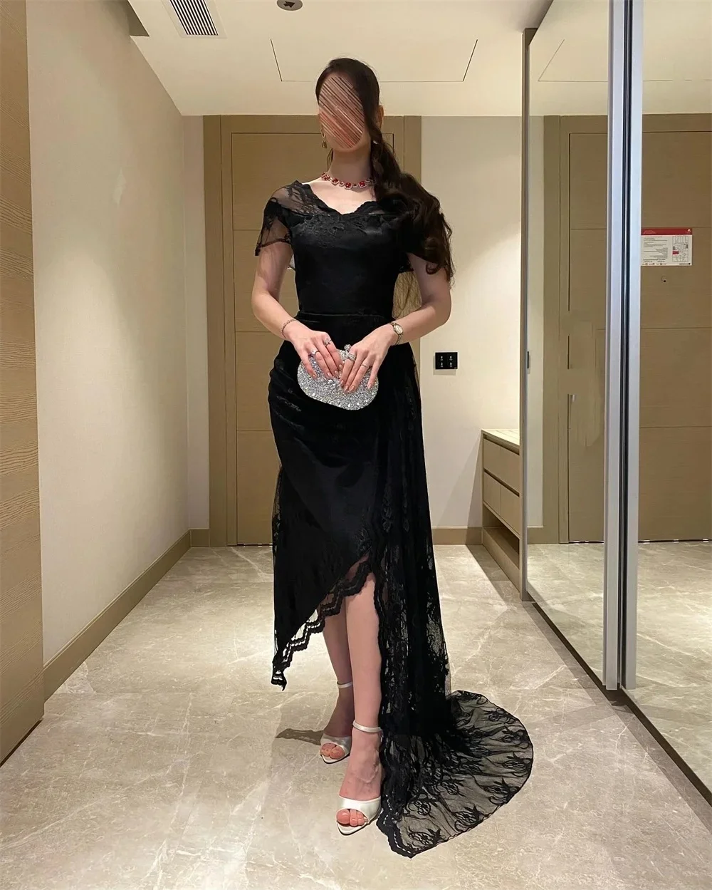 

Black lace Cap Sleeves Bespoke Occasion Gown Evening Dresses Prom Pastrol Unisex Jersey Retro Dubai Saudi Arabic Customized