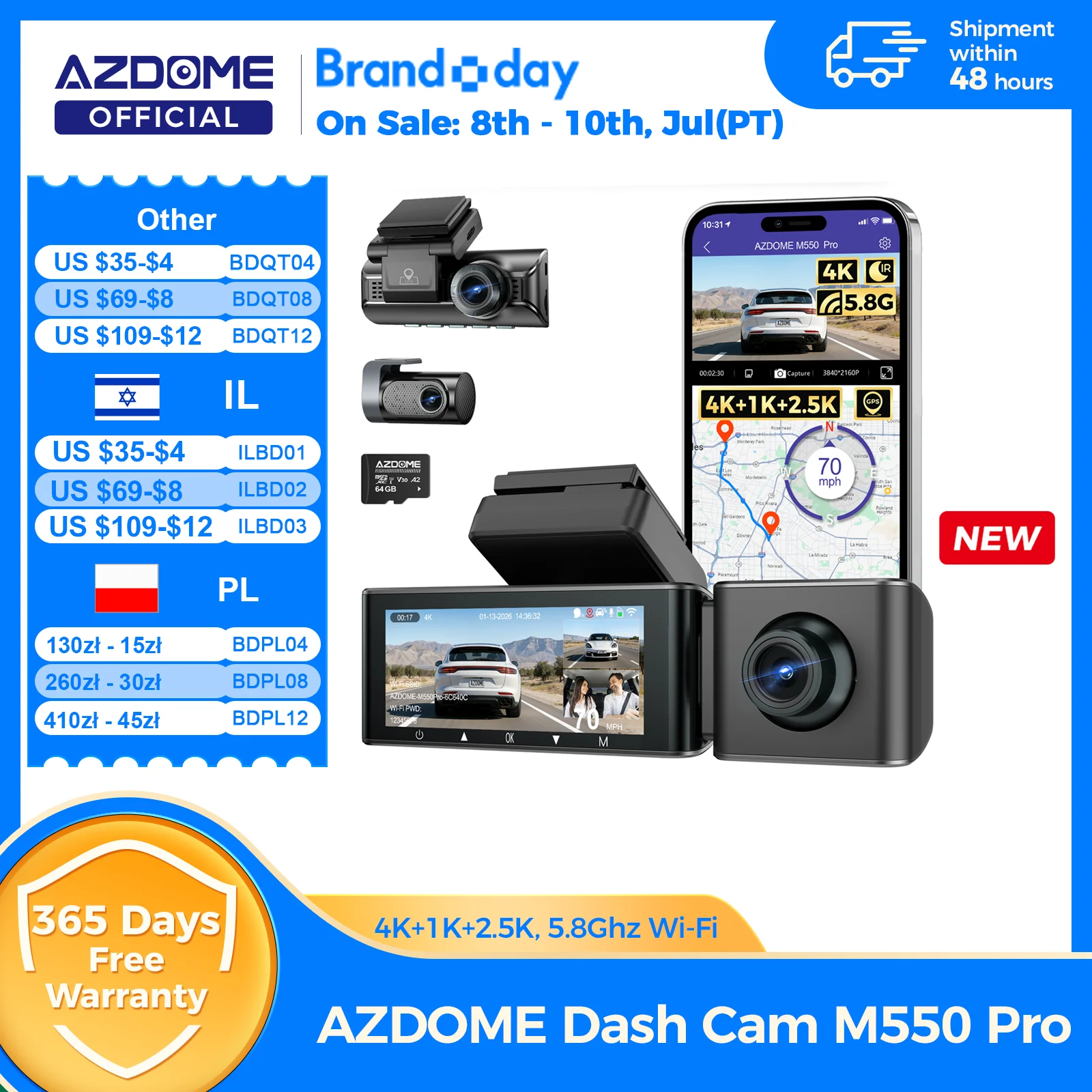 AZDOME M550 Pro 대시 캠 자동차 DVR 5.8Ghz WiFi 3.19
