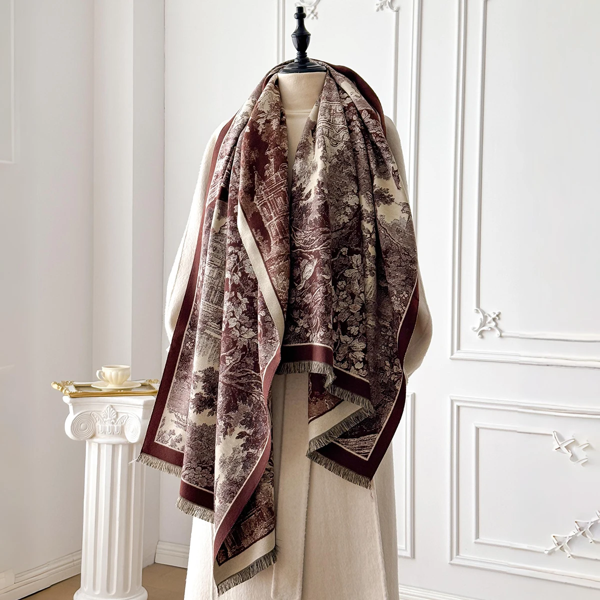 Eleganter Damen-Kaschmirschal im Retro-Stil mit doppelseitigem Landschaftsdruck, Winter-warmer Pashmina-Schal, Foulard-Poncho – Detail 17
