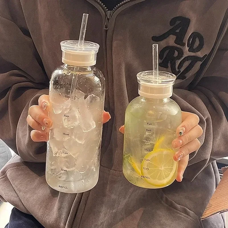 

Clear Glass Glass Straw Cup with Double Lid Leak-proof Lid Reusable Glass Beverage Bottle Milk Bottle with Time Marker Nana