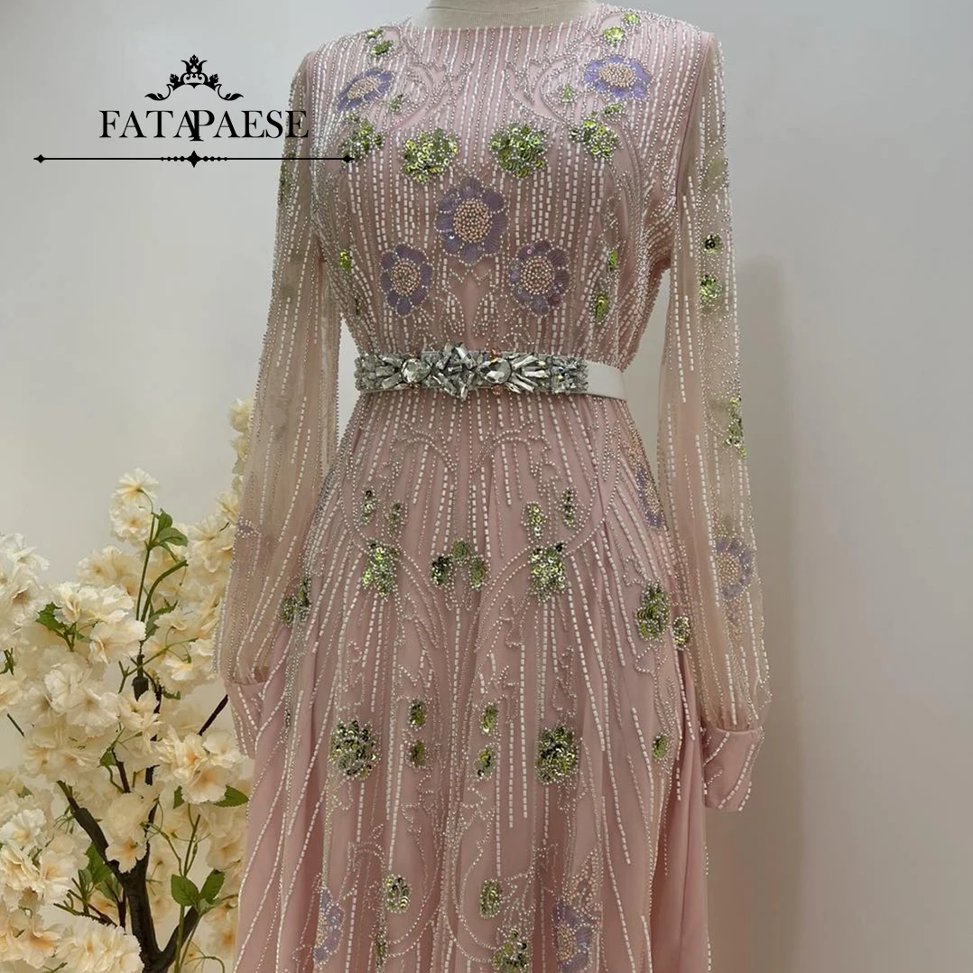 

FATAPAESE Вечерние платья с цирконом и бисером по индивидуальному заказу, с круглым вырезом и драгоценными камнями, поясом, макси-юбкой в стиле ампир, трапециевидной формы, бальное платье для выпускного вечера