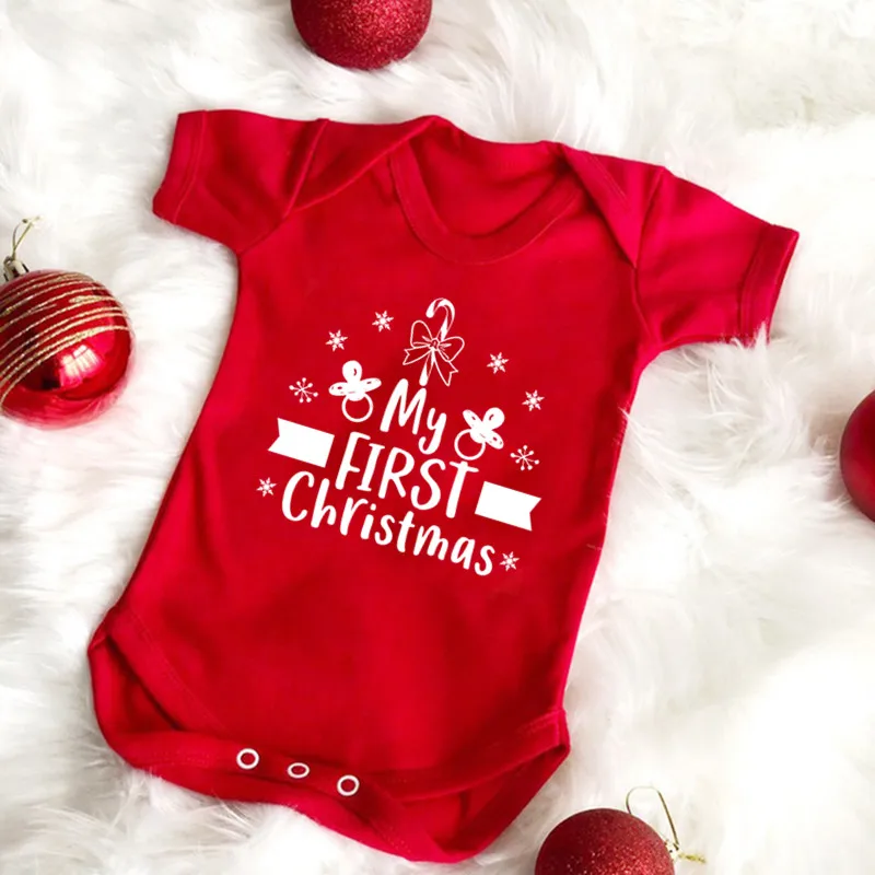 New Christmas Clothes Baby Romper 100% Cotton Red My First Christmas Nipple Print Baby Bodysuit New Year Outfits