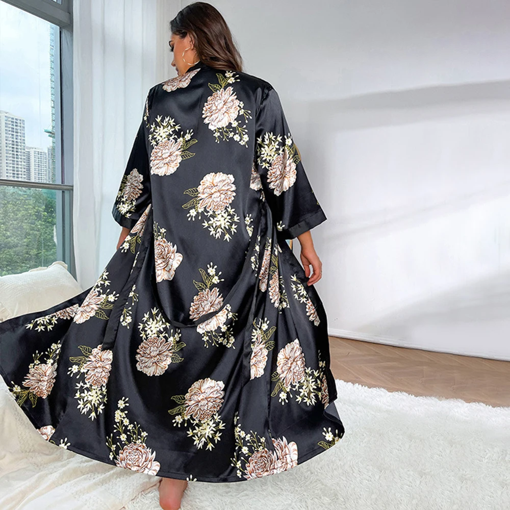 XL-5XL Women's Floral Printed Long Satin Robes Plus Size Long Silk Robes Super Large Size Kimonos Sleepwear Dressing Night Gown