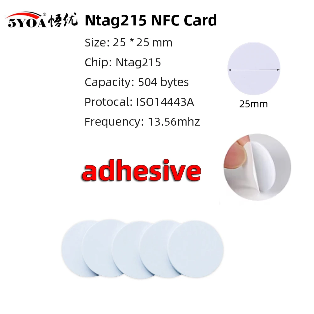 Karta NFC Ntag215 5YOA, miniaturowa, 13.56MHz RFID Ultralight, etykieta, okrągła mini karta 25mm - opakowanie 5/10/50 sztuk