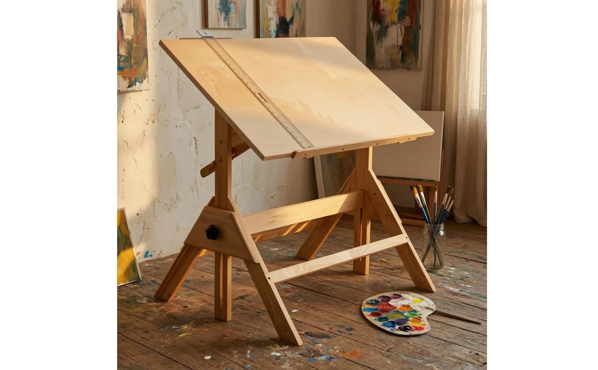 Adjustable Drafting Table L-Shaped Drafting Ruler Included Wooden Drafting Table Tilting Art Desk Built-in Ruler