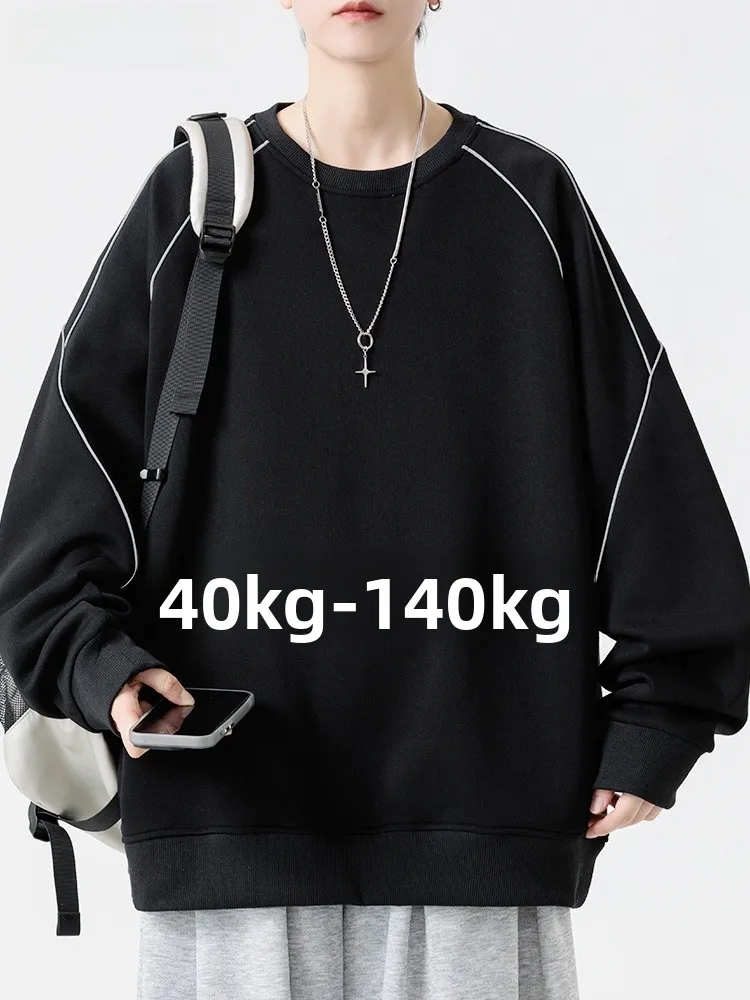 

Мужской повседневный свитшот в полоску с длинным рукавом и круглым вырезом, большие размеры, весна-осень, модный городской стиль, хлопок, полиэстер, светоотражающие вставки