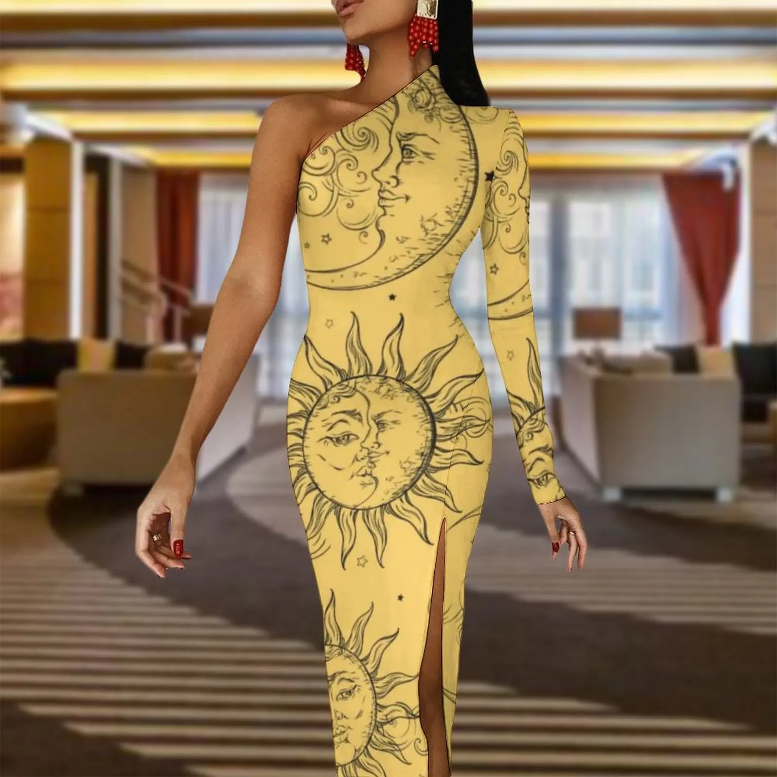 Vintage Celestial Sun Long Dress Woman Yellow Magic Moon Stars Party Maxi Dress Autumn Retro Bodycon Dresses High Slit Vestido