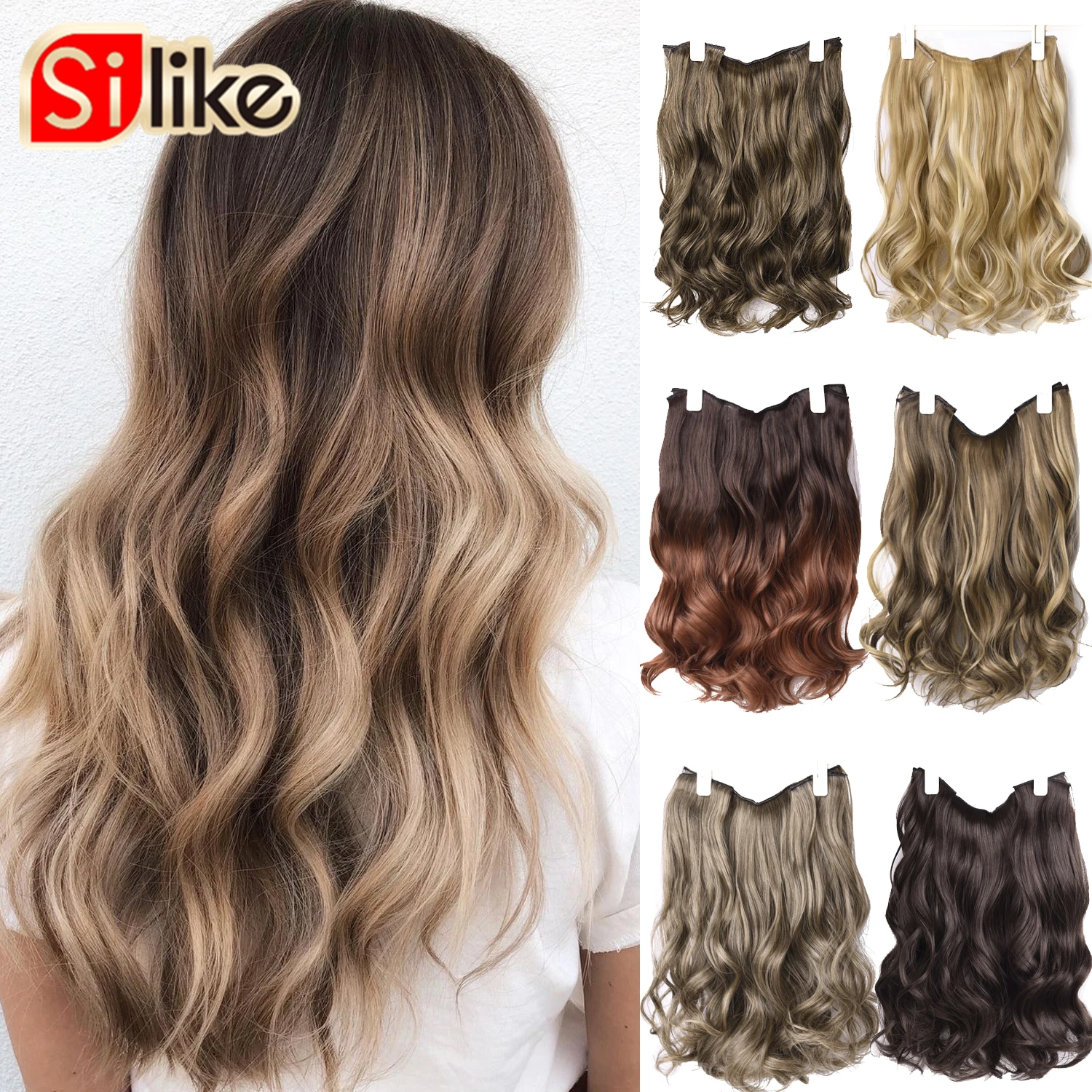 Silike-Cabelo Sintético Longo Linha de Peixe para Mulheres, Resistente ao Calor, Fio Invisível, 3 Hairpieces, 6 Clips, Ondulado, 16"