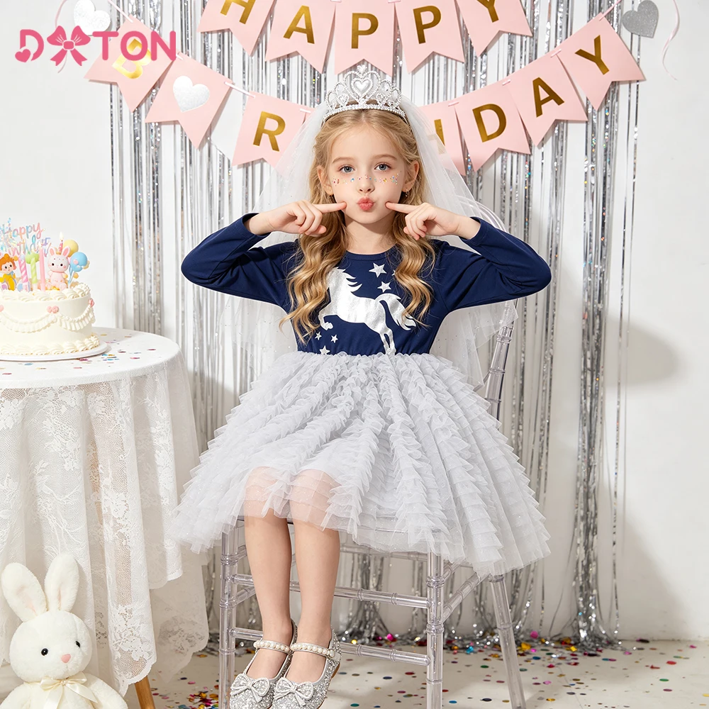 DXTON Princess Tutu Dresses Autumn Long Sleeve Kids Dresses For Girls Irregular Elegant Children Birthday Wedding Party Costumes