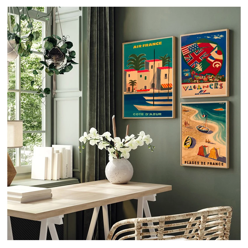 France Canvas Painting Vintage Wall Pictures Kraft Poster Coated Wall Sticker Home Decoration Gift Travel to Europe Japan by Air
