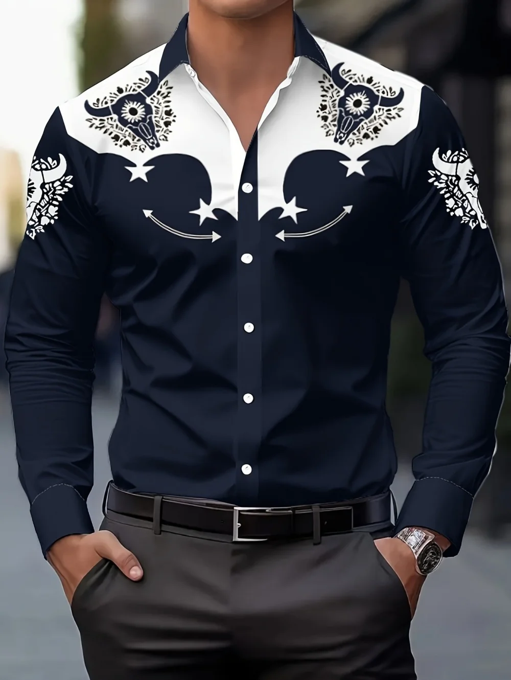 

Men's Fashion Printed Shirts Vintage Denim-Style Casual Button-Up Long-Sleeve Shirt Spring and Autumn Versatile Clothes for Man
