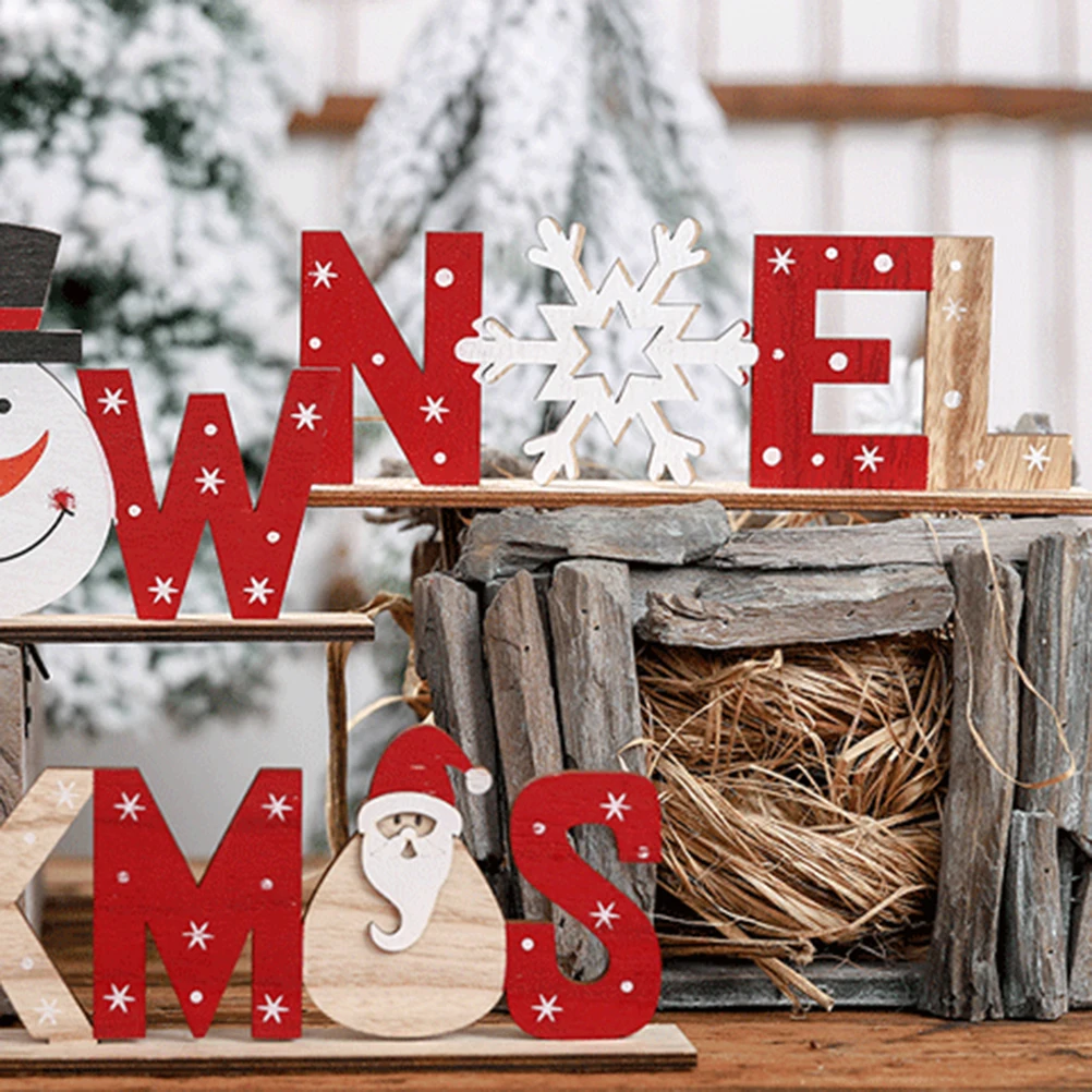 

2Pcs Wooden Christmas Letter Sign Thick Rustic Noel Snowflake Holiday Xmas Tabletop Decoration Christmas Noel Wood Sign
