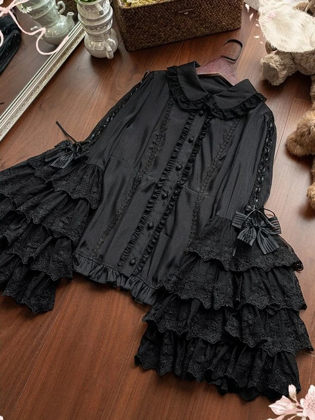 

Sweet Lolita Blouse Lace Trim Sleeve Collar Bow Tie Vintage Party Shirt Lightweight Cute Ruffled Casual Shirt Daily Wear Tops