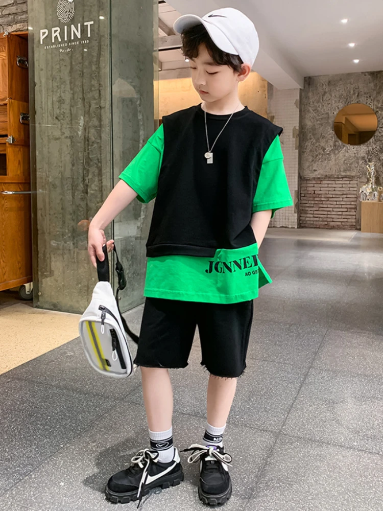 Summer Children Boy Clothes Set Kid Faux Two-piece Letterr Printed Tshirts and Shorts 2 Pieces Suit Teenage Top Bottom Outfits