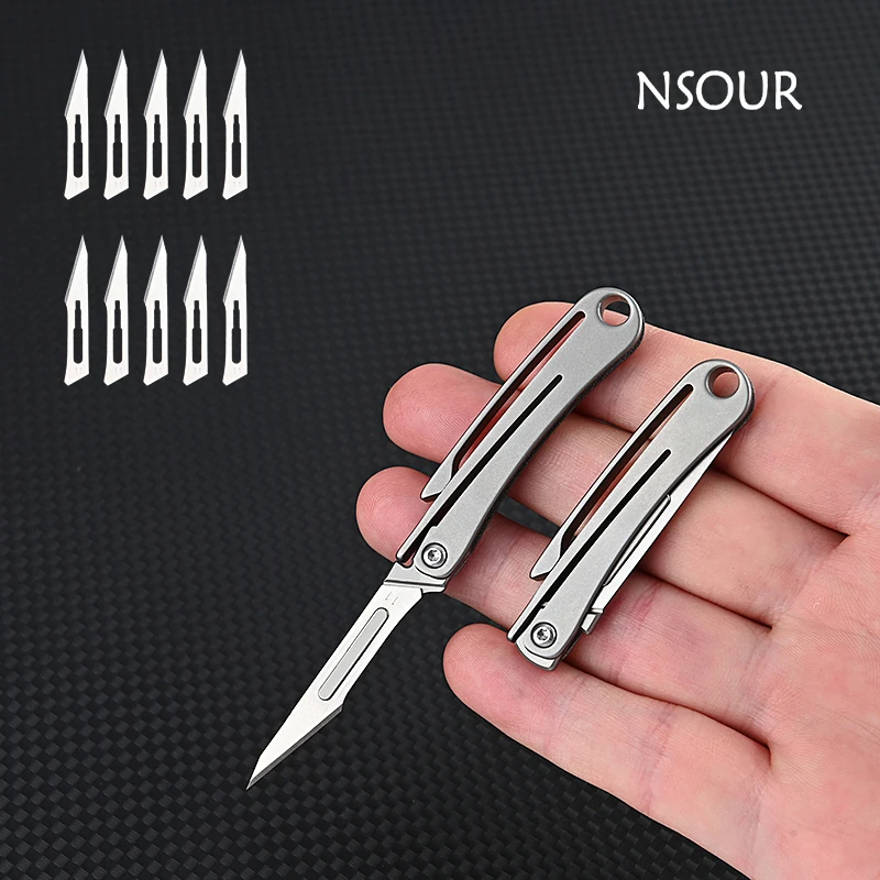 

New 11 # titanium alloy scalpel, quick opening, medical foldable EDC, outdoor openable, carving, 10 replaceable blades