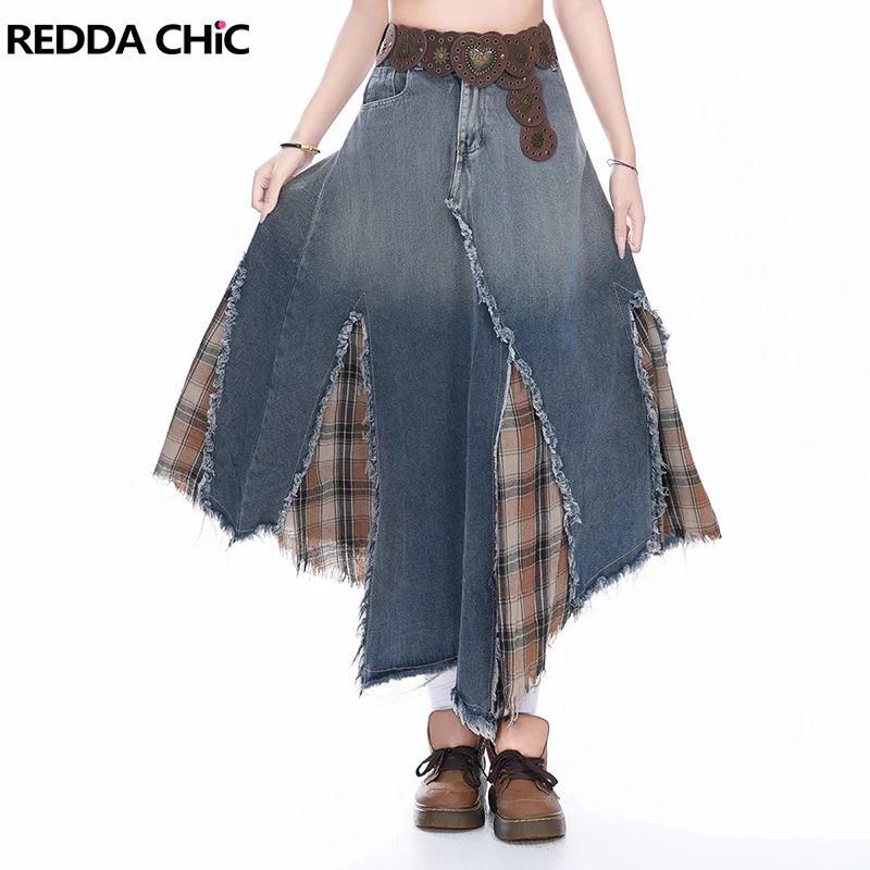 

REDDACHiC Crossover Waist Women Long Jean Skirt Plaid Stitch Raw Hem Irregular Maxi Do Old Ombre Denim Skirt Retro Y2k Clothes