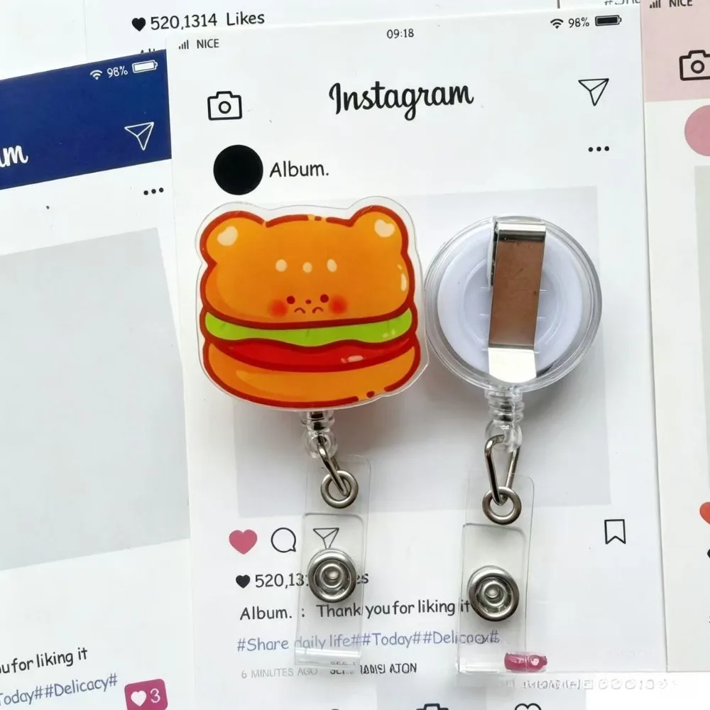 Cartoon Food Bread Hamburger Fried Egg Cheese Acrylic Retractable Badge Reel Keychain Work Staff ID Name Tag Holder Clip Pendant