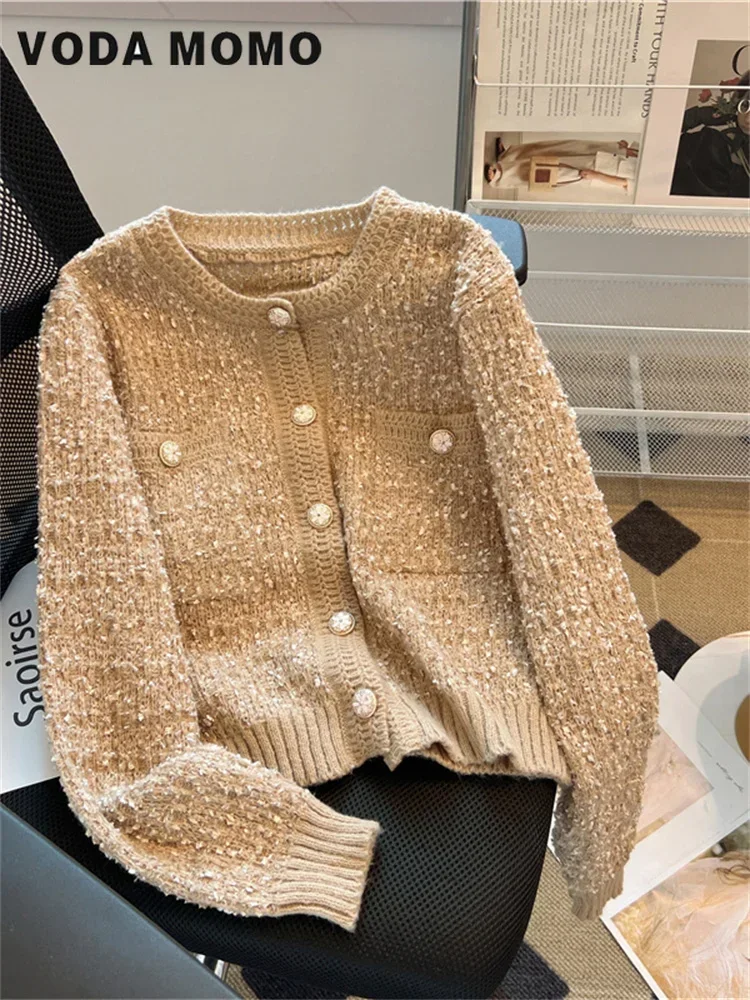 Temperament Graceful round Neck Chic Button Loose Casual All-matching Short Knitted Outerwear Women South Korean Chic Autumn