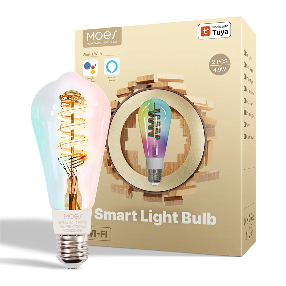 Tuya WiFi Smart ST64 Edison LED Light Bulbs 16 Million RGB Color Changing Smart Bulbs 2700K-6500K Work with Alexa/Google Home