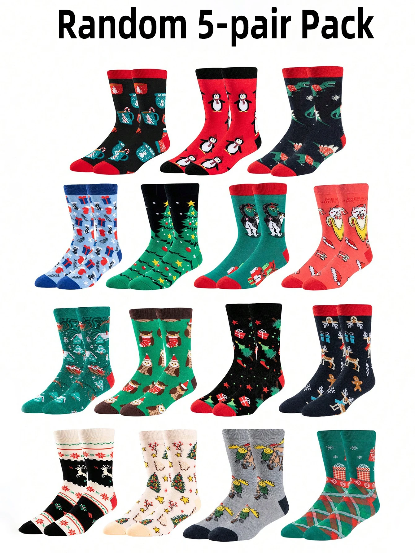 

5 Pairs Christmas Themed Fun Socks Multi Pair Pack Xmas Tree Penguin Reindeer Patterns Unisex Holiday Gifting Daily Wear