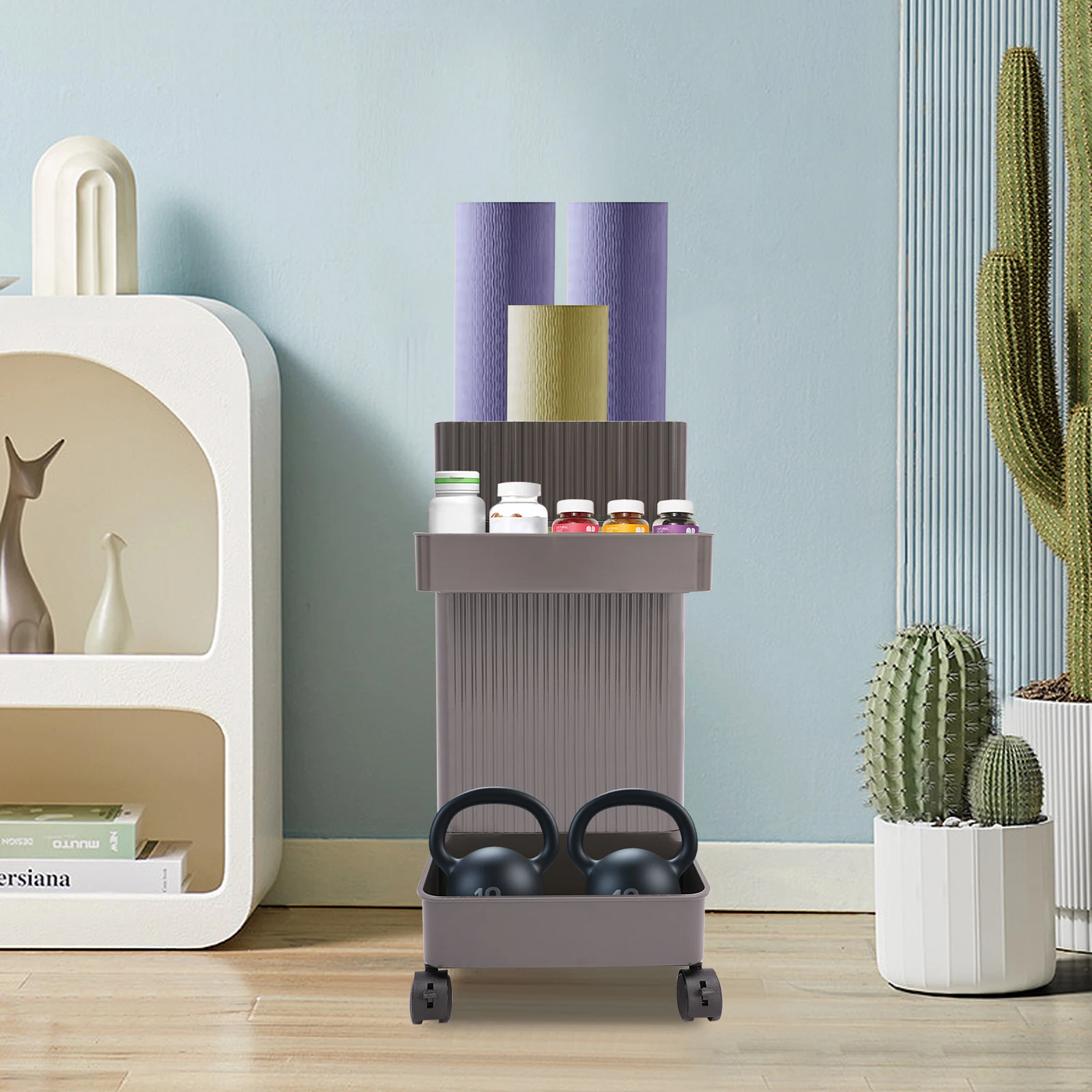 

Серый ABS 50x26x50 см Стеллаж для хранения фитнес-оборудования Мобильная стойка на колесиках Многофункциональный шкаф для хранения