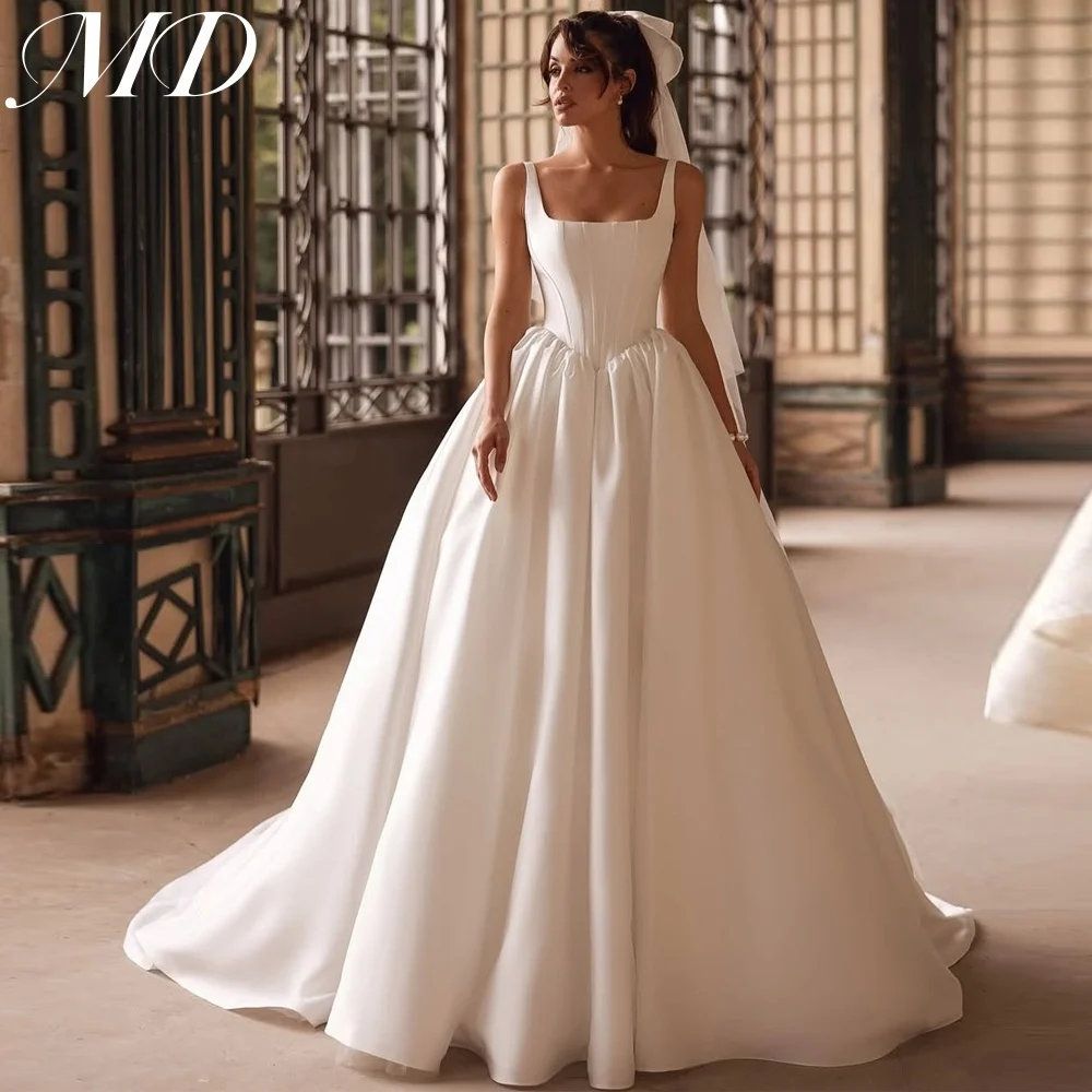 MD Simple Square Collar Satin A-line Wedding Dress Sleeveless Sweep Train Charming 2025 Bridal Gown Customized vestidos de novia