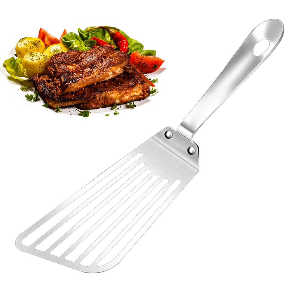 Non Slip Grip Stainless Steel Cooking Spatula Designed for Frying Fish and Meat with Efficient Oil Filtering Capabilities