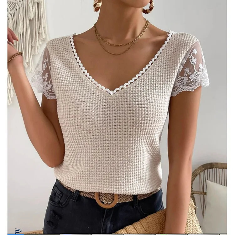 2024 New Lace V-Neck Pullover For Women's Slim Fit, Solid Color, Minimalist Outer Wear, With A Small Tank Top As The Base