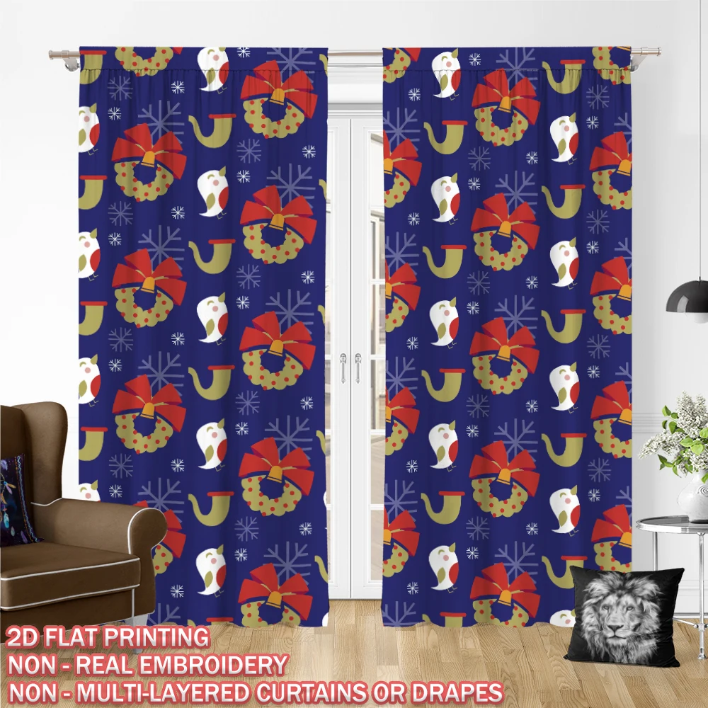 Christmas Flat Printing Curtain with Christmas Snowflake Bird Garland Bow For Christmas Home  Door Windows Decor Party