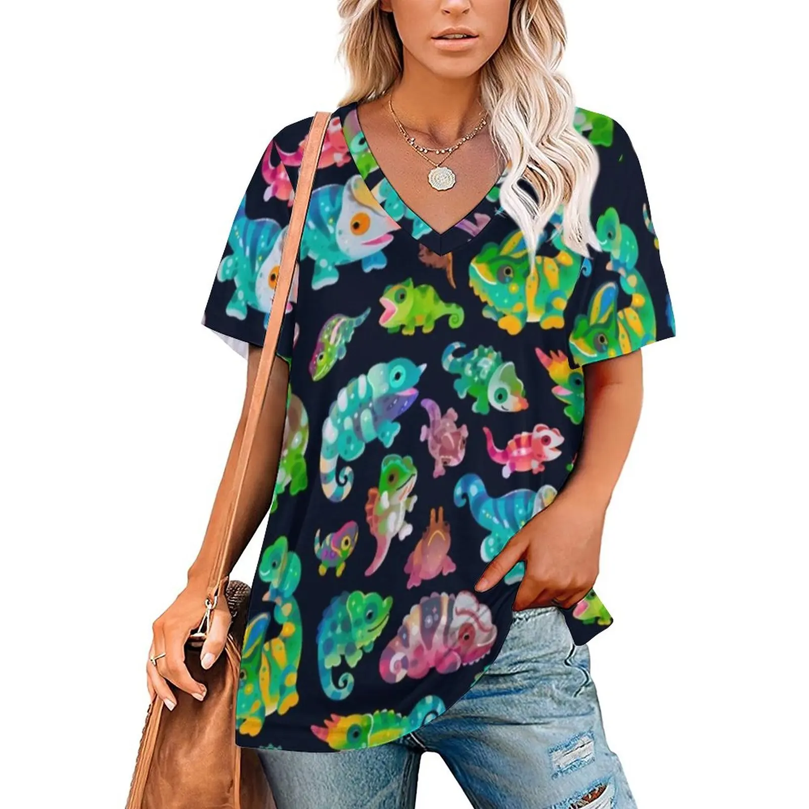 Chameleon Ruffle Short Sleeve T-Shirt Women's T-Shirts Tee Fashion Casual Shirts Chameleon Lizard Reptile Animal Kawaii Summer