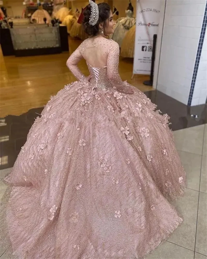 Aenyrst vestido de quinceañera Rosa rubor con lentejuelas brillantes, cuentas florales, vestido de baile, manga larga, 15 Años, dulce 16