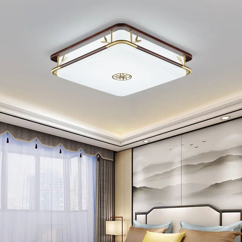 Nuova lampada da soffitto cinese interamente in rame, lampada da soggiorno classica antica a vento rettangolare in legno massello