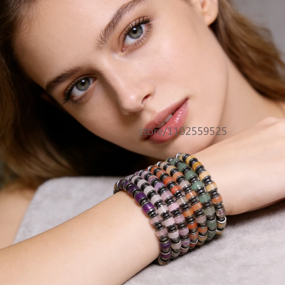 Pulsera de cuentas elásticas de Dongling natural, cuentas de hematita, estilo bohemio, para mujeres y hombres, estilo veraniego, joyería de piedra con energía curativa