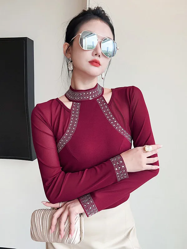 2026 Autumn Winter New Women's Long Sleeve T-Shirt Mesh Splicing High-End Sense Hollow out Base Shirt Trendy Commute Style