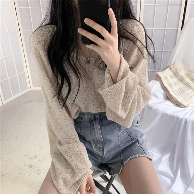 

Ele V-Ne Hollow out Knitwear Women's Spring Autumn Thin Loose Slim Long Sve Top Comfortable Casual Faion Sle