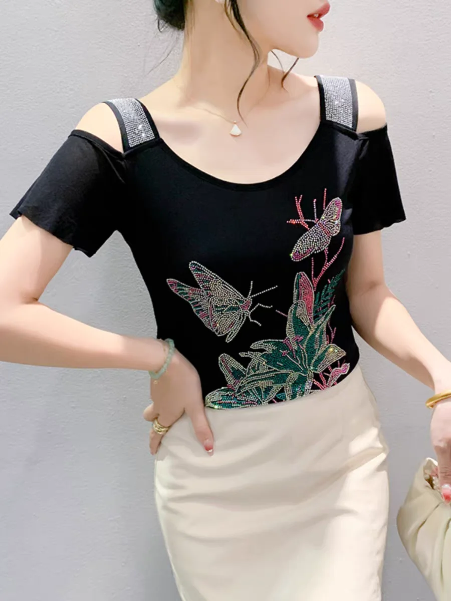 Letnie damskie koszulki z krótkim rękawem damskie rozciągliwa siateczka z odkrytymi diamentami na ramionach koszulki z kwiatami