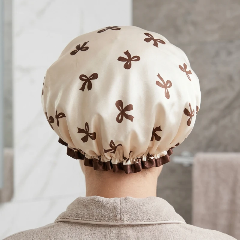Women'S Luxurious Bathing Cap, Reusable Shower Cap, Double-Layer Fabric, Bow Floral Design, Soft Elastic Band Keeps Hair Dry