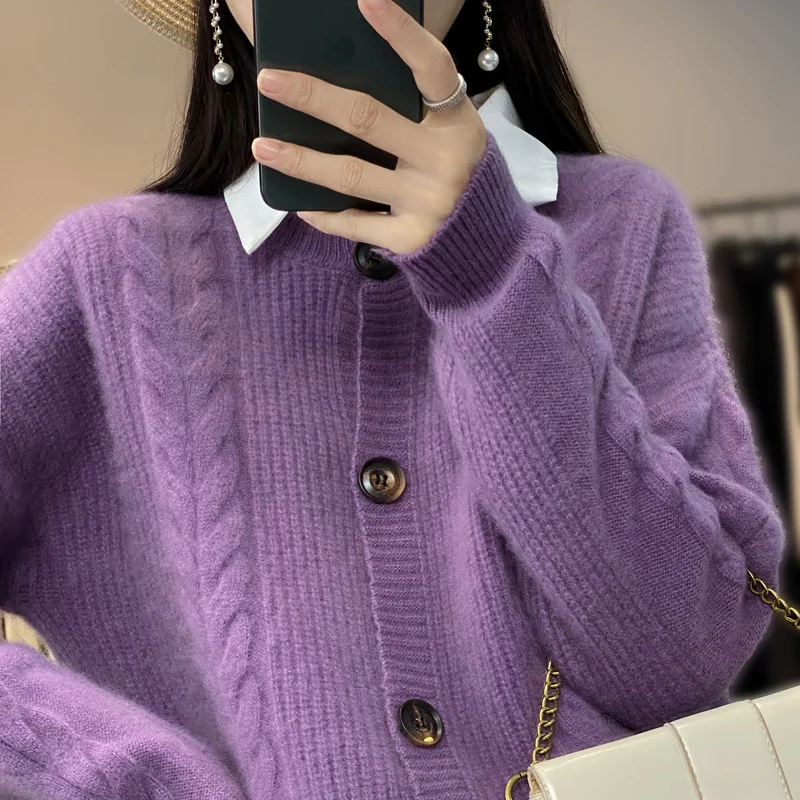 Neue Mode Frauen 100% Merino Wolle Einfarbig Strickjacke Mit Knöpfen Kaschmir Grundlegende Lange Ärmel Bequeme Weiche Kleidung Top